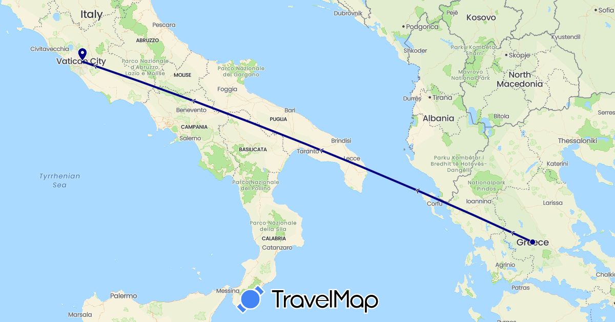 TravelMap itinerary: driving in Greece, Italy (Europe)